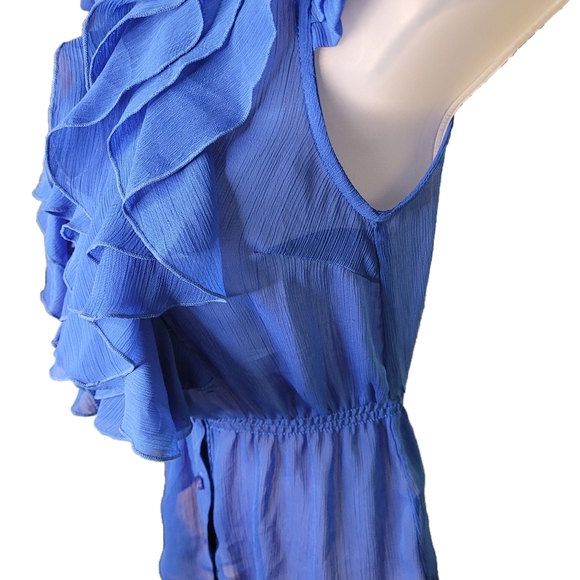 Miley Cyrus & Max Azria Blue Ruffled Buttoned Ruffled Front Blouse. Sz S - Picture 4 of 5